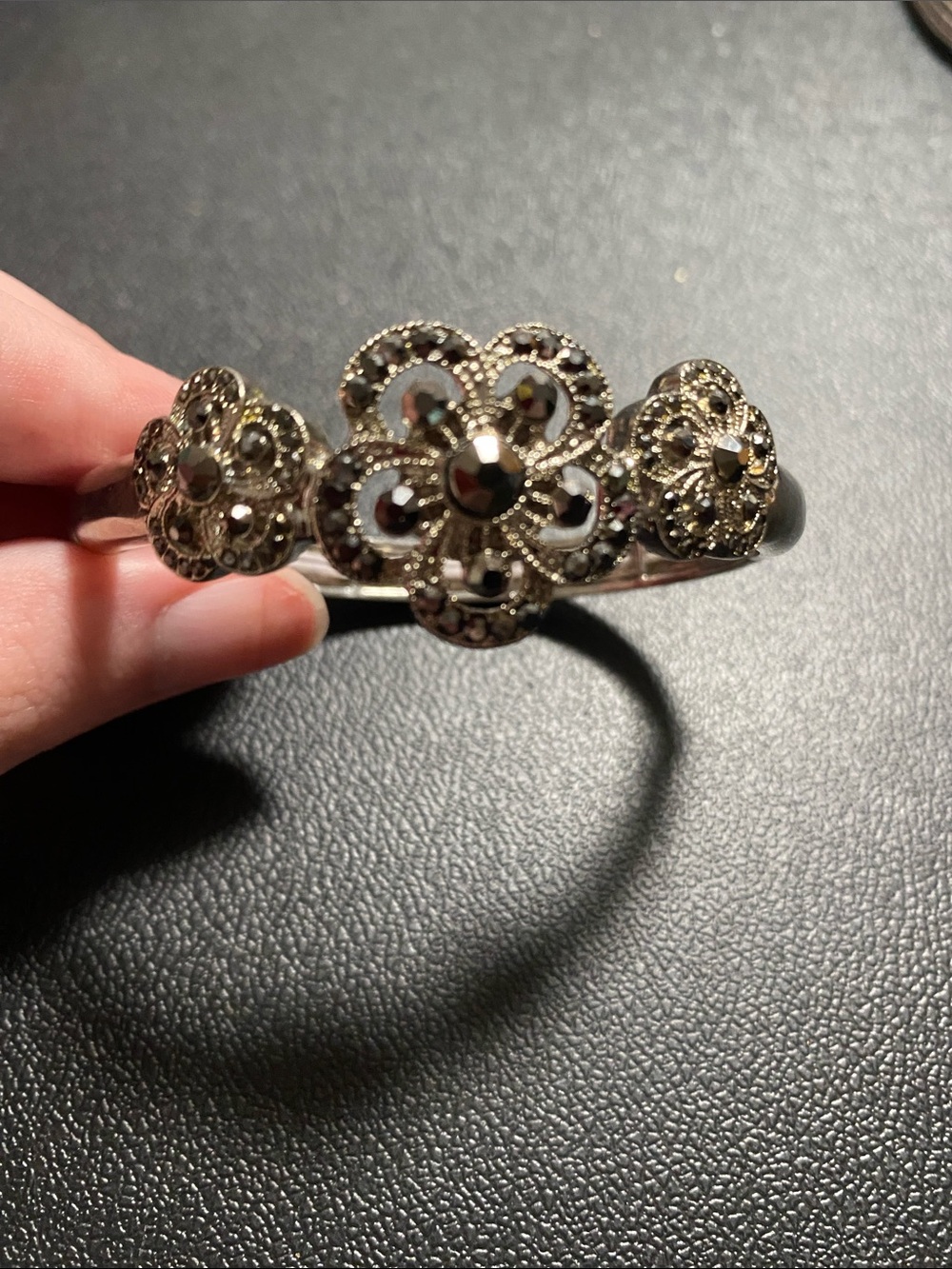 Silver Floral Marcasite Accent Cuff Bracelet